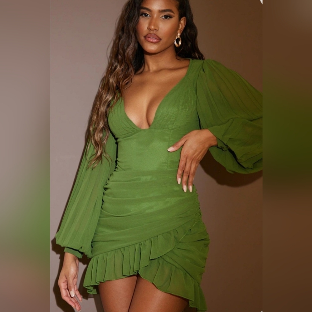 Olive Chiffon Pleated Balloon Sleeve Ruched Bodycon Dress